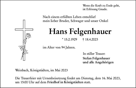 Traueranzeige von Hans Felgenhauer von Weilburger Tageblatt