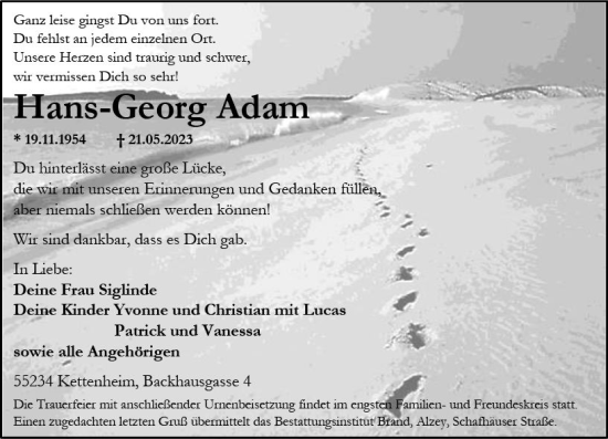 Traueranzeige von Hans-Georg Adam von Allgemeine Zeitung Alzey