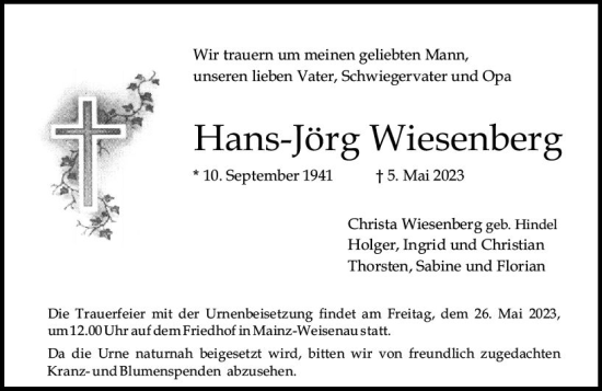 Traueranzeige von Hans-Jörg Wiesenberg von Allgemeine Zeitung Mainz