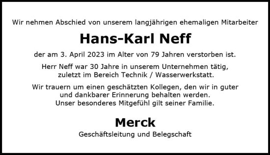 Traueranzeige von Hans-Karl Neff von Darmstädter Echo