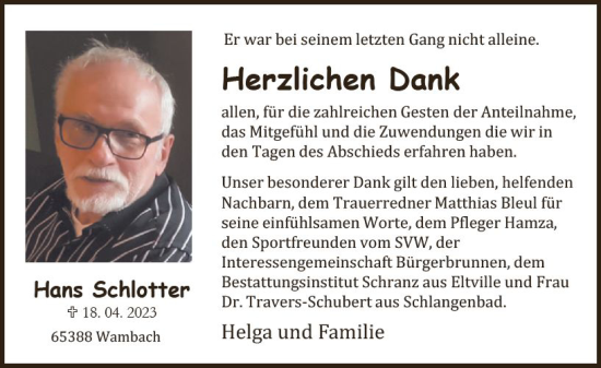 Traueranzeige von Hans Schlotter von Wiesbadener Kurier