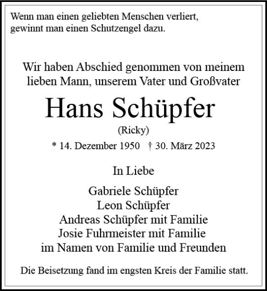 Traueranzeige von Hans Schüpfer von Wiesbadener Kurier