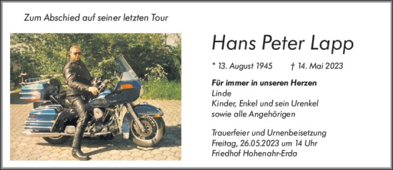 Traueranzeige von Hans Peter Lapp von Wetzlarer Neue Zeitung