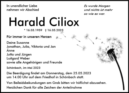 Traueranzeige von Harald Ciliox von Dill Block