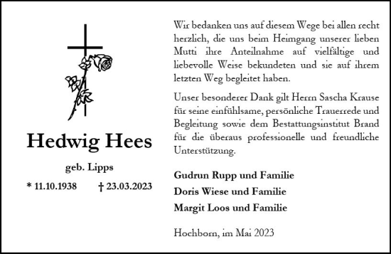 Traueranzeige von Hedwig Hees von Allgemeine Zeitung Alzey