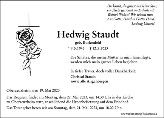 Traueranzeige von Hedwig Staudt von Nassauische Neue Presse