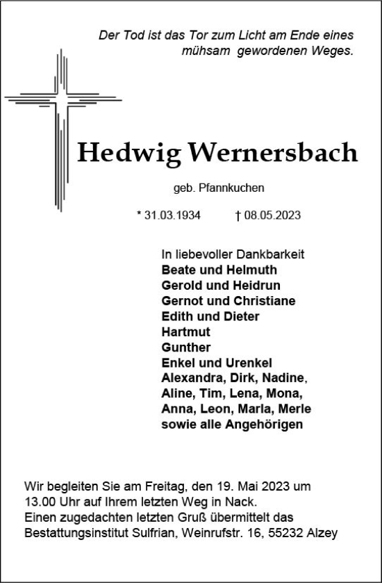 Traueranzeige von Hedwig Wernersbach von Allgemeine Zeitung Alzey