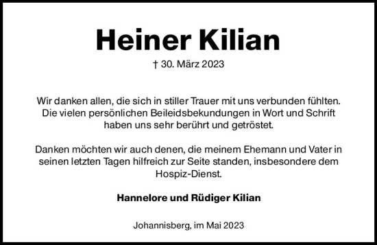 Traueranzeige von Heiner Kilian von Rheingau Kurier