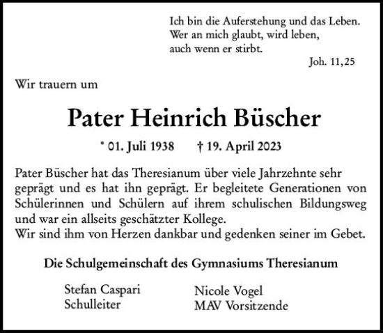 Traueranzeige von Heinrich Büscher von Allgemeine Zeitung Mainz