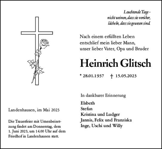 Traueranzeige von Heinrich Glitsch von VRM Trauer