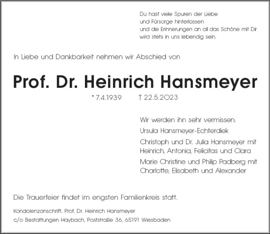 Traueranzeige von Heinrich Hansmeyer von Wiesbadener Kurier