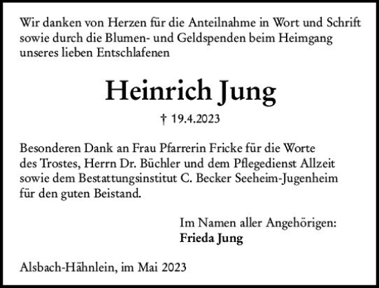 Traueranzeige von Heinrich Jung von Darmstädter Echo