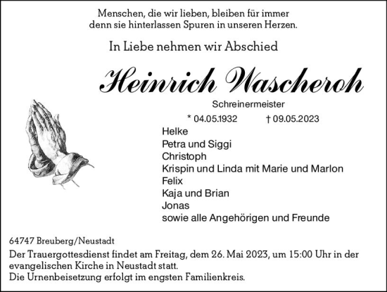 Traueranzeige von Heinrich Wascheroh von Odenwälder Echo