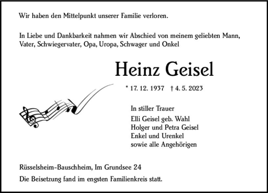 Traueranzeige von Heinz Geisel von Rüsselsheimer Echo
