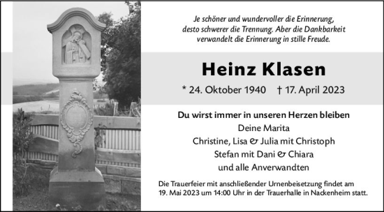 Traueranzeige von Heinz Klasen von Allgemeine Zeitung Mainz