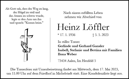 Traueranzeige von Heinz Löffler von Odenwälder Echo