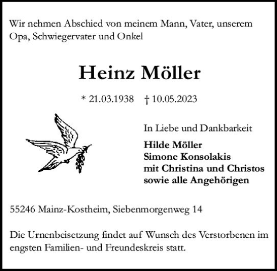 Traueranzeige von Heinz Möller von Allgemeine Zeitung Mainz
