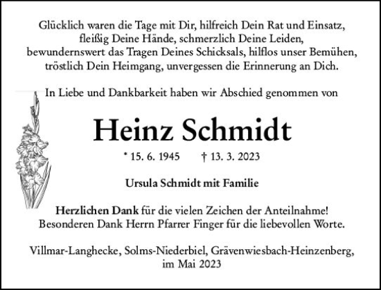 Traueranzeige von Heinz Schmidt von Weilburger Tageblatt