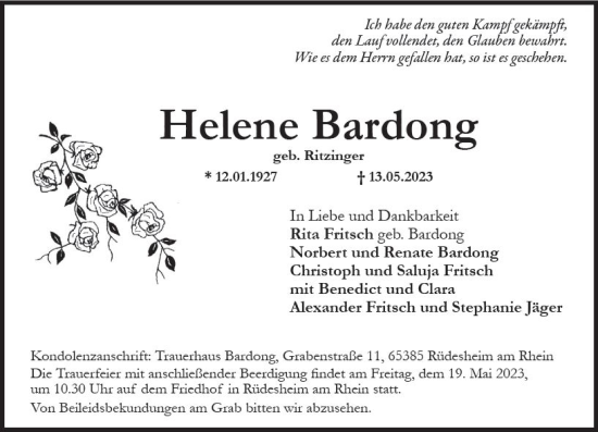 Traueranzeige von Helene Bardong von Wiesbadener Kurier