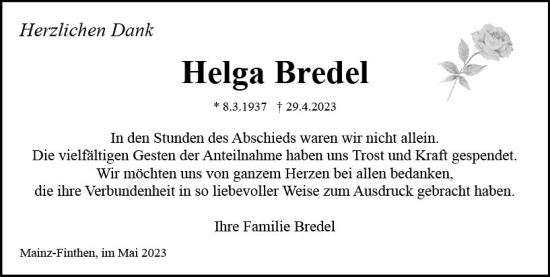 Traueranzeige von Helga Bredel von Allgemeine Zeitung Mainz
