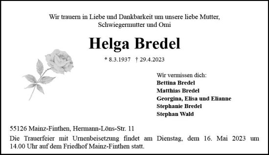 Traueranzeige von Helga Bredel von Allgemeine Zeitung Mainz