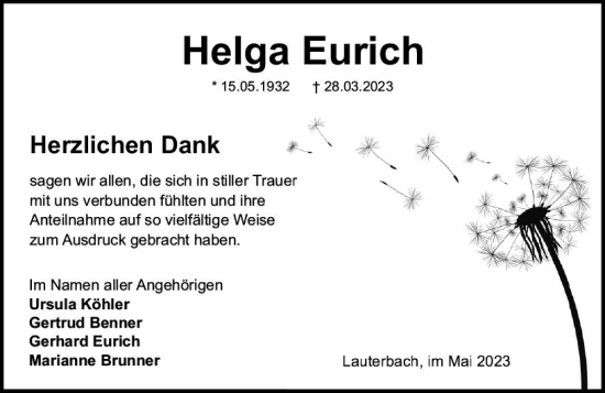 Traueranzeige von Helga Eurich von Oberhessen Kurier