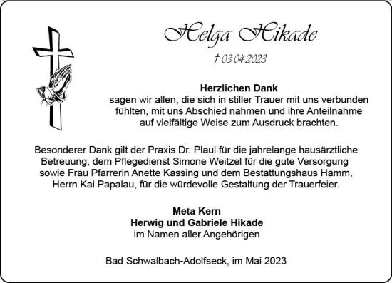 Traueranzeige von Helga Hikade von Wiesbadener Kurier