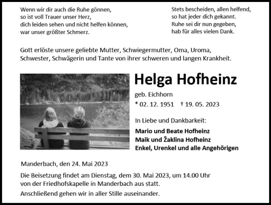 Traueranzeige von Helga Hofheinz von Dill Block