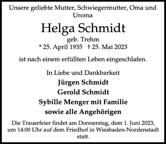 Traueranzeige von Helga Schmidt von Wiesbadener Kurier Traueranzeige von Helga Schmidt von Wiesbadener Kurier