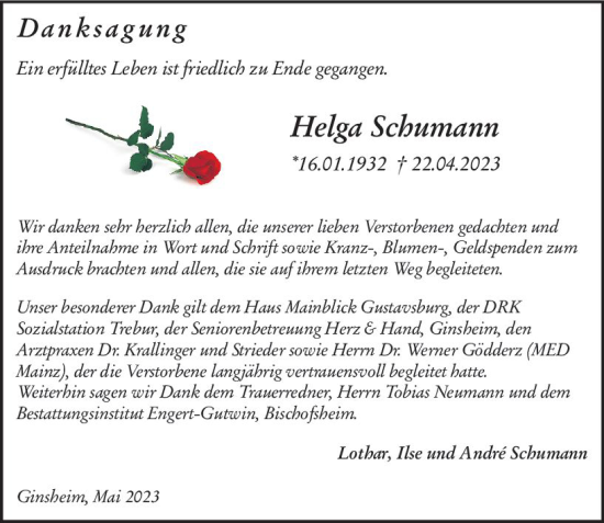 Traueranzeige von Helga Schumann von Allgemeine Zeitung Mainz
