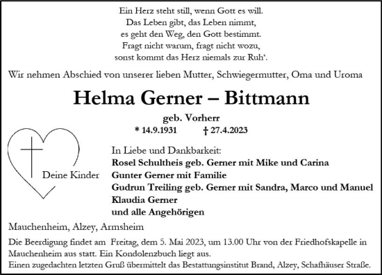 Traueranzeige von Helma Gerner-Bittmann von Allgemeine Zeitung Alzey