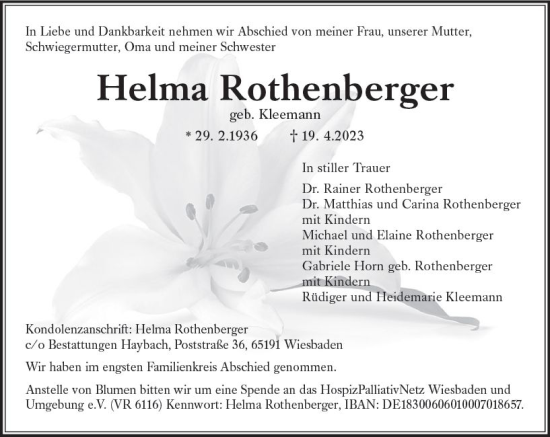 Traueranzeige von Helma Rothenberger von Wiesbadener Kurier