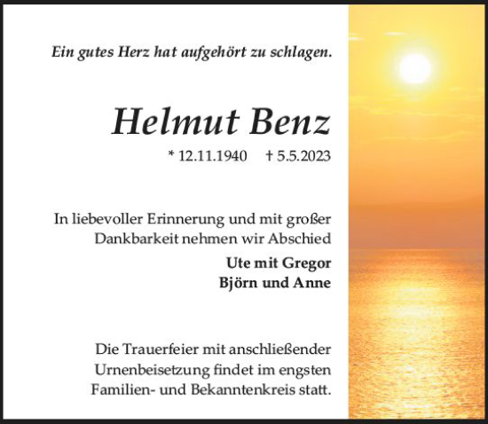 Traueranzeige von Helmut Benz von Darmstädter Echo