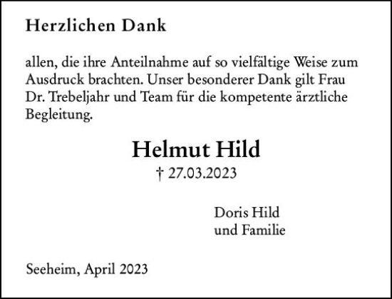 Traueranzeige von Helmut Hild von Darmstädter Echo