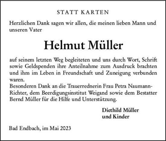 Traueranzeige von Helmut Müller von Hinterländer Anzeiger