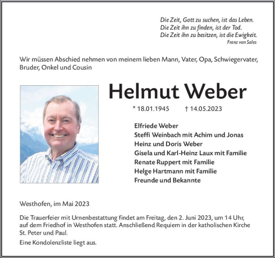 Traueranzeige von Helmut Weber von Wormser Zeitung
