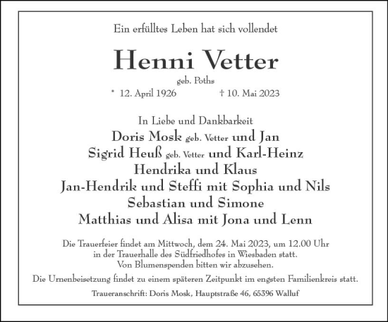 Traueranzeige von Henni Vetter von Wiesbadener Kurier Traueranzeige von Henni Vetter von Wiesbadener Kurier