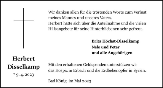 Traueranzeige von Herbert Disselkamp von Odenwälder Echo