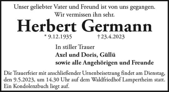 Traueranzeige von Herbert Germann von Starkenburger Echo