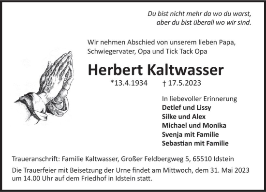 Traueranzeige von Herbert Kaltwasser von Idsteiner Land/Untertaunus