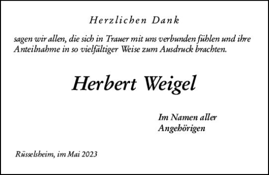 Traueranzeige von Herbert Weigel von Rüsselsheimer Echo