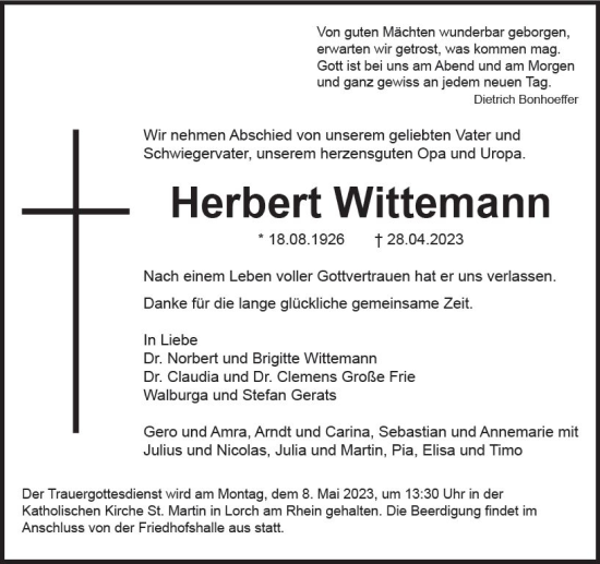 Traueranzeige von Herbert Wittemann von Wiesbadener Kurier