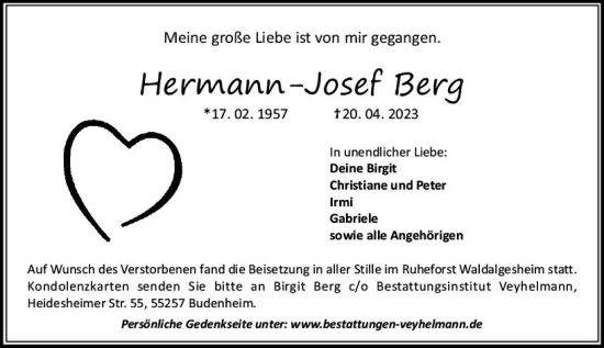 Traueranzeige von Hermann-Josef Berg von Allgemeine Zeitung Mainz