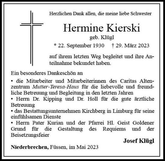 Traueranzeige von Hermine Kierski von Nassauische Neue Presse