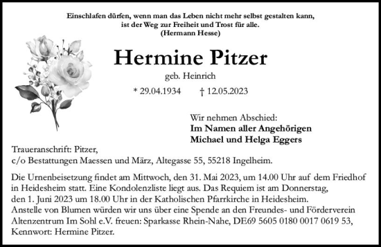 Traueranzeige von Hermine Pitzer von Allgemeine Zeitung Bingen/Ingelheim