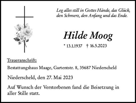 Traueranzeige von Hilde Moog von Dill Block