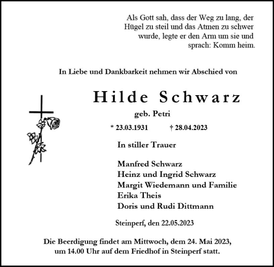 Traueranzeige von Hilde Schwarz von Hinterländer Anzeiger