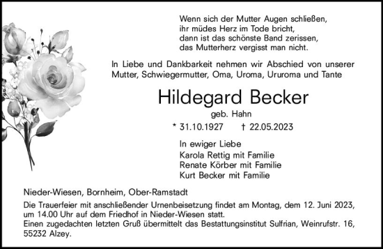 Traueranzeige von Hildegard Becker von Allgemeine Zeitung Alzey