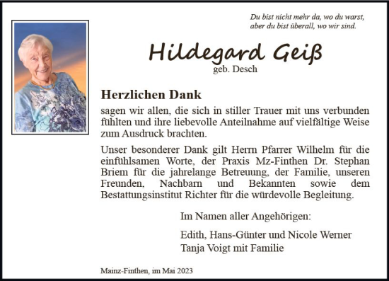 Traueranzeige von Hildegard Geiß von Allgemeine Zeitung Mainz