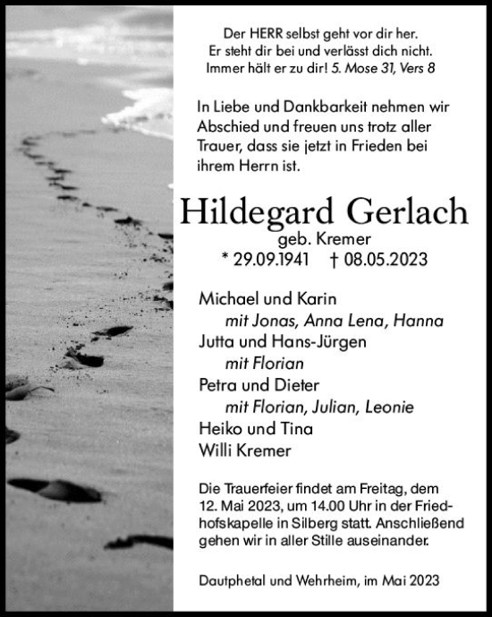 Traueranzeige von Hildegard Gerlach von Hinterländer Anzeiger